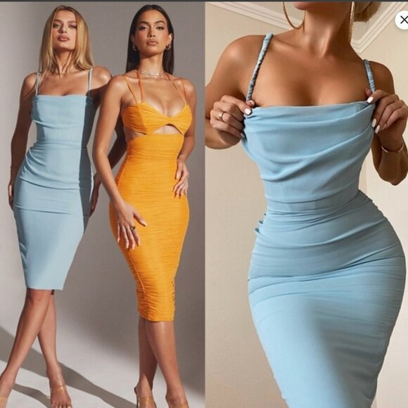 HOUSE OF CB‎ 'Jamille' Baby Blue Draped Corset Midi Dress NWOT size XS - Picture 1 of 11